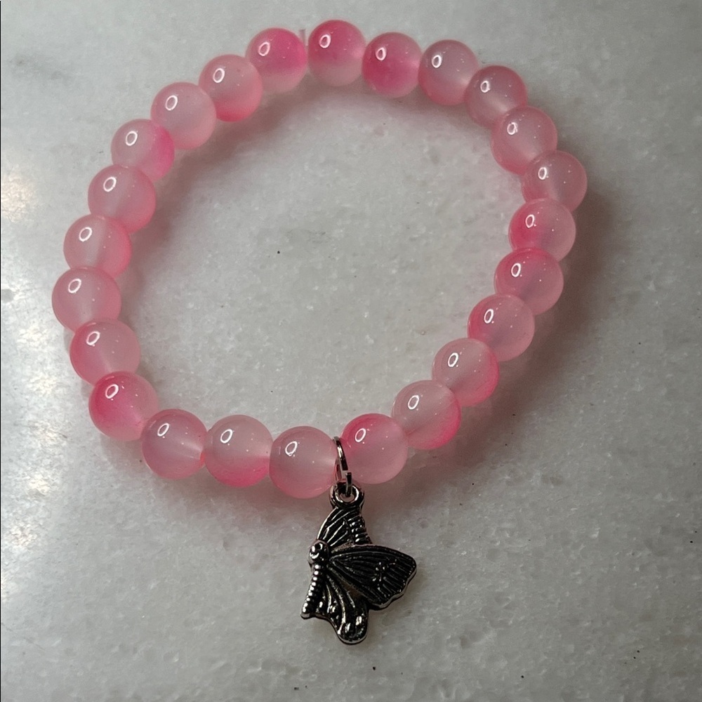 Pink Beaded Bracelet with Butterfly Charm - Picture 3 of 8